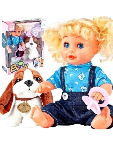 Lėlė 30cm BABY su garsais ir minkštu šuniuku 15cm