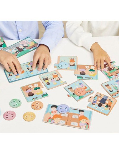 Žaidimas-dėlionė EMOTIDUOS "Kaip apsisaugoti nuo patyčių?", 10 dėlionių + 8 emocijos veidų, 2m.+