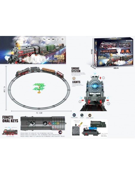 Traukinys su bėgiais STEAM TRAIN su dūmais, šviesa ir garsais