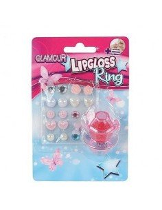 Rinkinys žiedas su lūpų blizgesiu + 10 porų lipnių auskarų