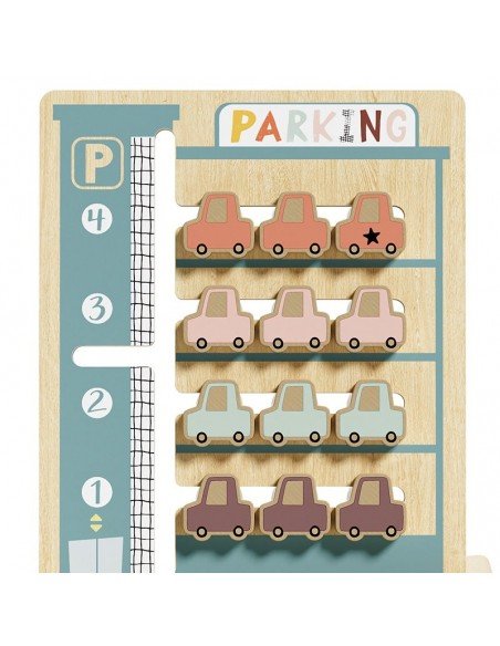 Medinis Montessori žaislas rūšiavimui pagal spalvas ir skaičius PARKING, 22.5x20.6x7cm, 3m.+