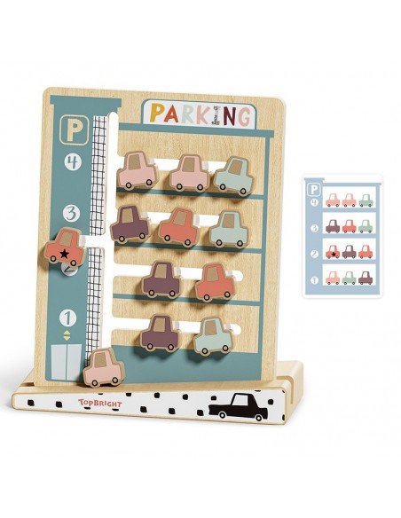 Medinis Montessori žaislas rūšiavimui pagal spalvas ir skaičius PARKING, 22.5x20.6x7cm, 3m.+