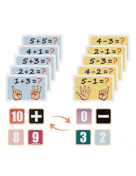 Medinis Montessori žaislas skaičiavimui Finger Math + 20 kortų su užduotimis + 24 skačiai, 30.2x15.2cm